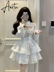Aiertu Women Two Pieces Sets Crop Overshirt + Spaghetti Strap Lace Dress Y2k Aesthetic Streetwear Korean Style Chic Sexy Autumn Outfits Aiertu