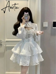 Aiertu Women Two Pieces Sets Crop Overshirt + Spaghetti Strap Lace Dress Y2k Aesthetic Streetwear Korean Style Chic Sexy Autumn Outfits Aiertu