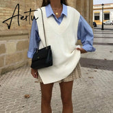 Aiertu Women V Neck Sweater Vest Korean Preppy Style Solid Knitted Sleeveless Sweater Female Autumn Winter Casual Loose Pullover Jumper Aiertu