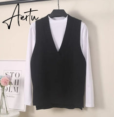 Aiertu Women V Neck Sweater Vest Korean Preppy Style Solid Knitted Sleeveless Sweater Female Autumn Winter Casual Loose Pullover Jumper Aiertu
