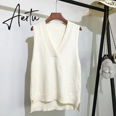 Aiertu Women V Neck Sweater Vest Korean Preppy Style Solid Knitted Sleeveless Sweater Female Autumn Winter Casual Loose Pullover Jumper Aiertu
