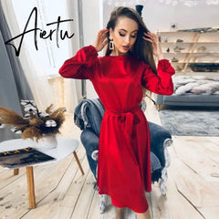 Aiertu Women Vintage Sashes Satin A-line Dress Lantern Sleeve O neck Solid Elegant Casual Party Dress Summer OL New Fashion Dress Aiertu