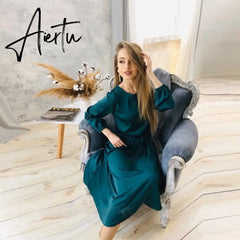 Aiertu Women Vintage Sashes Satin A-line Dress Lantern Sleeve O neck Solid Elegant Casual Party Dress Summer OL New Fashion Dress Aiertu