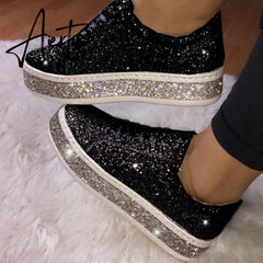 Aiertu Women Vulcanize Shoes Sneakers Sliver Bling Shoes Girl Flat Glitter Sneakers Casual Female Breathable Lace Up Shoes Aiertu