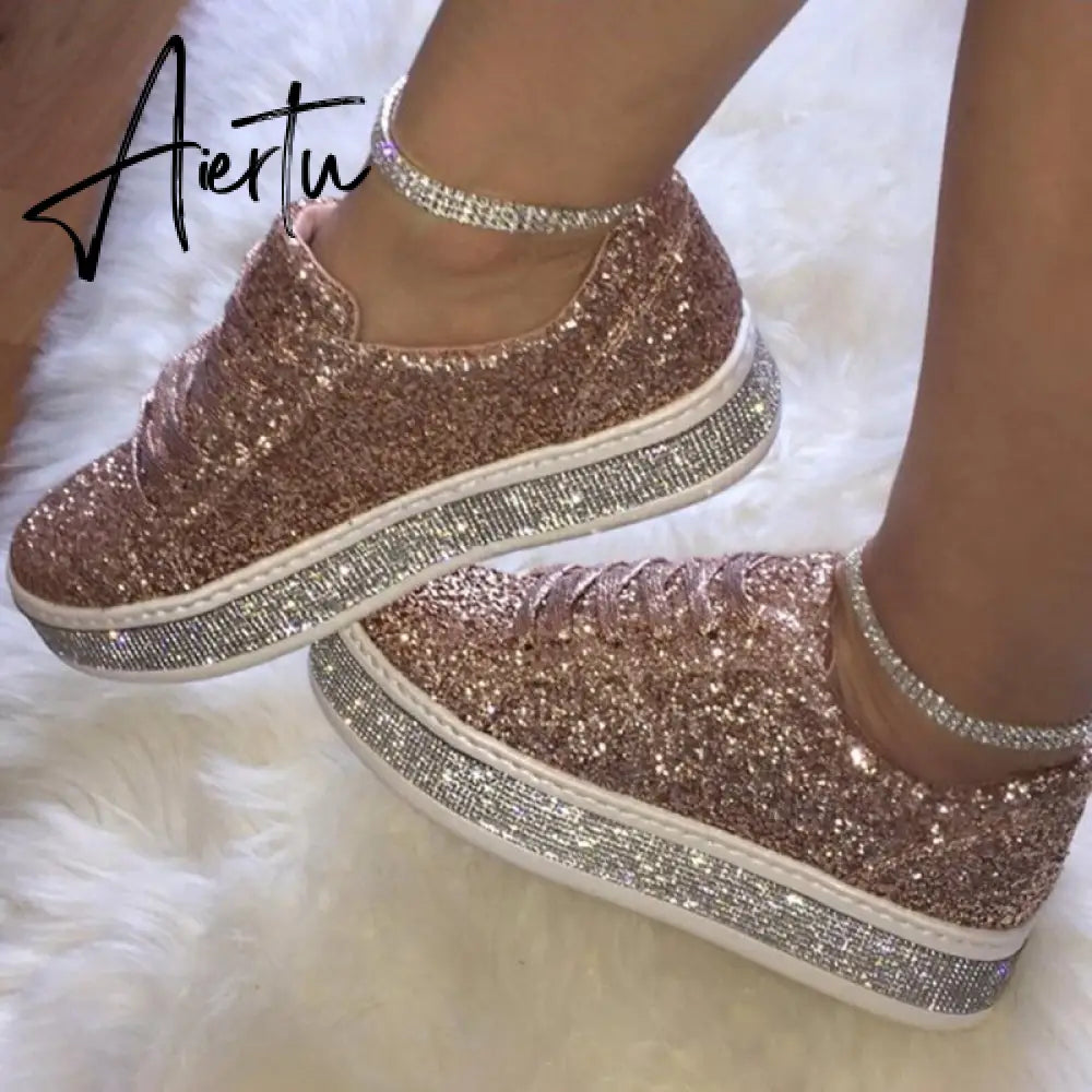 Aiertu Women Vulcanize Shoes Sneakers Sliver Bling Shoes Girl Flat Glitter Sneakers Casual Female Breathable Lace Up Shoes Aiertu