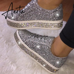 Aiertu Women Vulcanize Shoes Sneakers Sliver Bling Shoes Girl Flat Glitter Sneakers Casual Female Breathable Lace Up Shoes Aiertu