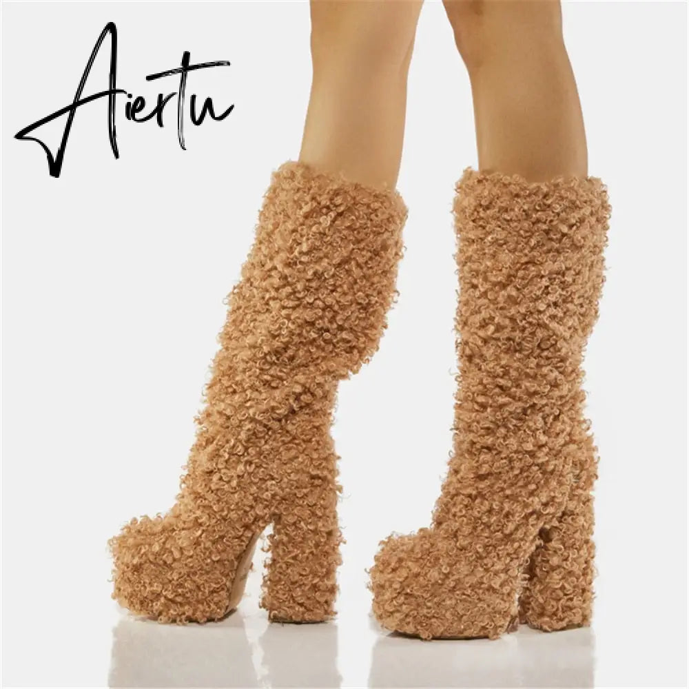 Aiertu Women Warm Fur Boots Winter Plush Faux Fur Snow Boots Fashion New Soft Curly Plush Platform Shoes Thick High-Heeled Round Toe Aiertu