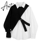 Aiertu Women White Knitting Split Big Size Blouse New Lapel Long Sleeve Loose Fit Shirt Fashion Tide Spring Autumn 1DC019 Aiertu