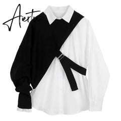 Aiertu Women White Knitting Split Big Size Blouse New Lapel Long Sleeve Loose Fit Shirt Fashion Tide Spring Autumn 1DC019 Aiertu