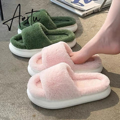 Aiertu Women Winter Home Faux Fur Slipper Warm Thick House Platform Shoes Men Ladies Indoor Bedroom Fluffy Footwear Chaussure Femme Aiertu
