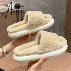Aiertu Women Winter Home Faux Fur Slipper Warm Thick House Platform Shoes Men Ladies Indoor Bedroom Fluffy Footwear Chaussure Femme Aiertu