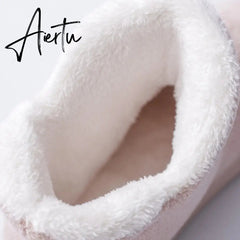 Aiertu Women Winter Slippers Warm Plush Slip-on Couples Home Floor Shoes Anti-slip Comfortable Flats Female Warm Faux Fur Slippers Aiertu