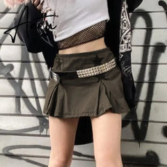 Aiertu Women Y2K Grunge Denim Skirt with Star Pattern Patchwork Summer Zipper High Waist Pleated A-line Mini Skirts Fashion Clothes Aiertu