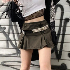 Aiertu Women Y2K Grunge Denim Skirt with Star Pattern Patchwork Summer Zipper High Waist Pleated A-line Mini Skirts Fashion Clothes Aiertu