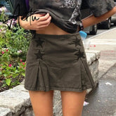 Aiertu Women Y2K Grunge Denim Skirt with Star Pattern Patchwork Summer Zipper High Waist Pleated A-line Mini Skirts Fashion Clothes Aiertu