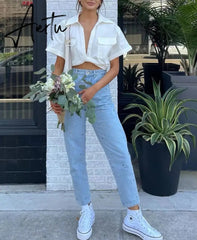 Aiertu Women's Crop Top Collared Short Sleeve Shirt Women Summer Knotted Linen Blouse Woman Streetwear Casual Blouses Aiertu
