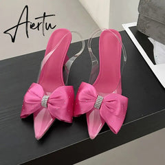 Aiertu Women's Crystal Silk Butterfly Knot Decorative Single Shoe 2024 Transparent PVC Pointed SlingbacksHigh HeelsWedding Dress Aiertu