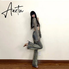 Aiertu Women's Denim Pants Y2k Retro Blue Flare Pants Streetwear High Waist Jeans Vintage Harajuku Denim Wide Leg Pants Fashion Clothes Aiertu