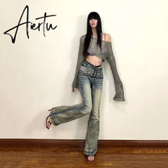 Aiertu Women's Denim Pants Y2k Retro Blue Flare Pants Streetwear High Waist Jeans Vintage Harajuku Denim Wide Leg Pants Fashion Clothes Aiertu
