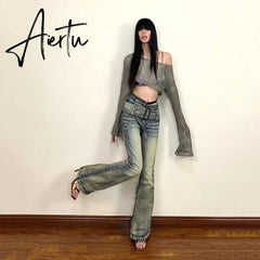 Aiertu Women's Denim Pants Y2k Retro Blue Flare Pants Streetwear High Waist Jeans Vintage Harajuku Denim Wide Leg Pants Fashion Clothes Aiertu