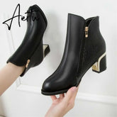 Aiertu Women's Fashion Side Zipper Ankle Boots Autumn/ Winter Boots Pointed High Quality Solid Ladies Shoes PU High Heels Boots Aiertu