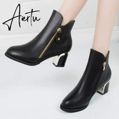Aiertu Women's Fashion Side Zipper Ankle Boots Autumn/ Winter Boots Pointed High Quality Solid Ladies Shoes PU High Heels Boots Aiertu