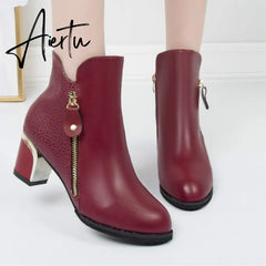 Aiertu Women's Fashion Side Zipper Ankle Boots Autumn/ Winter Boots Pointed High Quality Solid Ladies Shoes PU High Heels Boots Aiertu