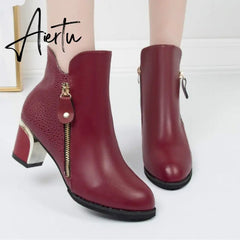 Aiertu Women's Fashion Side Zipper Ankle Boots Autumn/ Winter Boots Pointed High Quality Solid Ladies Shoes PU High Heels Boots Aiertu