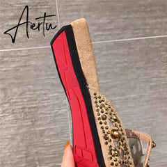 Aiertu Women's Flat Pointed Toe Closed Slip-on Slippers Rivet Summer Slip-on Loafer Women Mules Backless Low Heel Ladies Shoes Designer Aiertu
