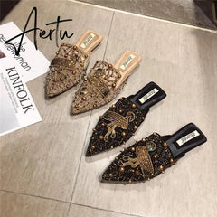 Aiertu Women's Flat Pointed Toe Closed Slip-on Slippers Rivet Summer Slip-on Loafer Women Mules Backless Low Heel Ladies Shoes Designer Aiertu