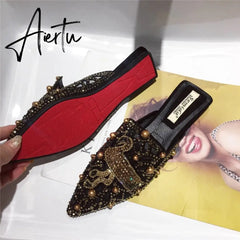 Aiertu Women's Flat Pointed Toe Closed Slip-on Slippers Rivet Summer Slip-on Loafer Women Mules Backless Low Heel Ladies Shoes Designer Aiertu