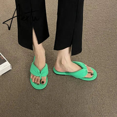Aiertu Women's Flip Flops Candy Color Pleated Fashion Shoes New Wild Outdoor Flat Slippers for Women Casual Home Summer Slides Тапочки Aiertu