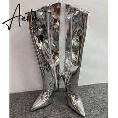Aiertu Women's High Boots Gold Silver Pointed Toe Knee-high Boots For Woman Sexy High Heels Party Shoes Ladies Stiletto Boots Aiertu