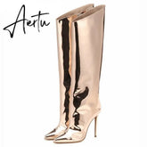 Aiertu Women's High Boots Gold Silver Pointed Toe Knee-high Boots For Woman Sexy High Heels Party Shoes Ladies Stiletto Boots Aiertu