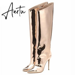 Aiertu Women's High Boots Gold Silver Pointed Toe Knee-high Boots For Woman Sexy High Heels Party Shoes Ladies Stiletto Boots Aiertu