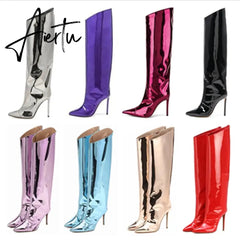 Aiertu Women's High Boots Gold Silver Pointed Toe Knee-high Boots For Woman Sexy High Heels Party Shoes Ladies Stiletto Boots Aiertu