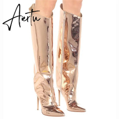 Aiertu Women's High Boots Gold Silver Pointed Toe Knee-high Boots For Woman Sexy High Heels Party Shoes Ladies Stiletto Boots Aiertu