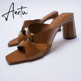 Aiertu Women's High Heel Sandals Summer New Women's Shoes Square Brown Thick Heel Leather Sandals Aiertu