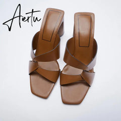 Aiertu Women's High Heel Sandals Summer New Women's Shoes Square Brown Thick Heel Leather Sandals Aiertu
