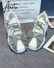 Aiertu Womens Mesh Rhinestones Big BowKnot Sneakers Lace Up Casual Shoes White Lolita Sweet X-mas Gift Girls New Aiertu