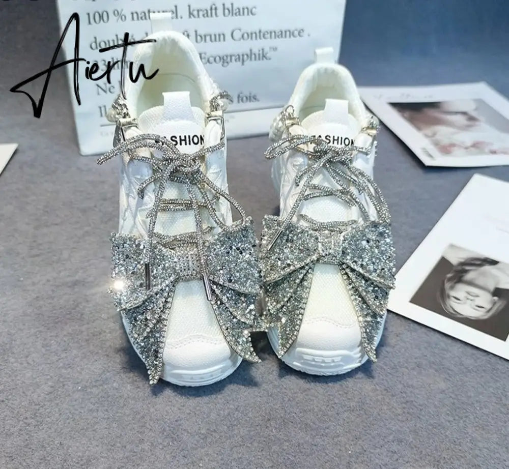 Aiertu Womens Mesh Rhinestones Big BowKnot Sneakers Lace Up Casual Shoes White Lolita Sweet X-mas Gift Girls New Aiertu