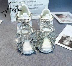 Aiertu Womens Mesh Rhinestones Big BowKnot Sneakers Lace Up Casual Shoes White Lolita Sweet X-mas Gift Girls New Aiertu