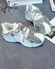 Aiertu Womens Mesh Rhinestones Big BowKnot Sneakers Lace Up Casual Shoes White Lolita Sweet X-mas Gift Girls New Aiertu