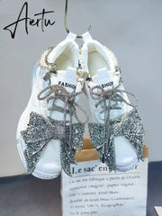 Aiertu Womens Mesh Rhinestones Big BowKnot Sneakers Lace Up Casual Shoes White Lolita Sweet X-mas Gift Girls New Aiertu