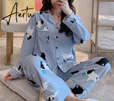 Aiertu Women's Pajamas Set Pijama Lingerie for Female Homewear Spring V-Neck Long Sleeves Trousers Suit Sleepwear Pyjamas Sets Viscose Aiertu