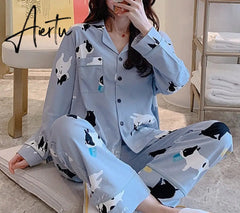Aiertu Women's Pajamas Set Pijama Lingerie for Female Homewear Spring V-Neck Long Sleeves Trousers Suit Sleepwear Pyjamas Sets Viscose Aiertu