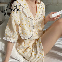 Aiertu Women's Pajamas Sleepwear Cotton Lace Lapel Two Piece Sets Summer Kawaii Pyjamas Nightwear Homesuit Pijamas Print Shorts Aiertu