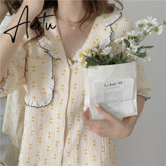 Aiertu Women's Pajamas Sleepwear Cotton Lace Lapel Two Piece Sets Summer Kawaii Pyjamas Nightwear Homesuit Pijamas Print Shorts Aiertu
