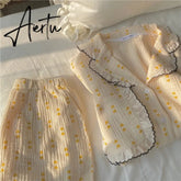 Aiertu Women's Pajamas Sleepwear Cotton Lace Lapel Two Piece Sets Summer Kawaii Pyjamas Nightwear Homesuit Pijamas Print Shorts Aiertu