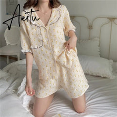 Aiertu Women's Pajamas Sleepwear Cotton Lace Lapel Two Piece Sets Summer Kawaii Pyjamas Nightwear Homesuit Pijamas Print Shorts Aiertu